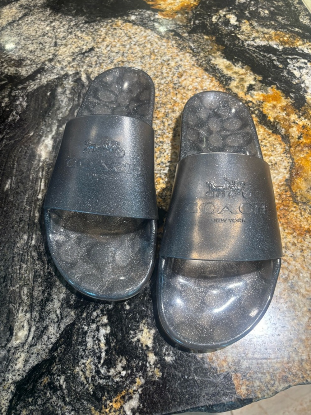 Coach Metallic Charcoal Glitter Slide Sandals